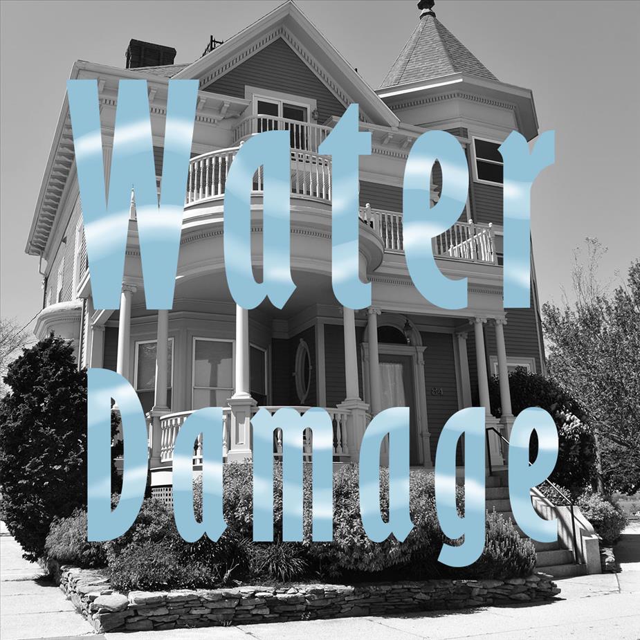 Text saying "Water damage" over image of house